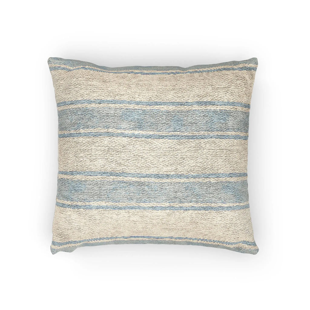 Coastal Blue & White Striped Woven Pillow with textured weave and nautical stripe for a sun-kissed seaside vibe.