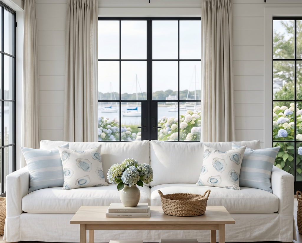 Coastal blue and white striped throw pillow on an armchair in a airy living space