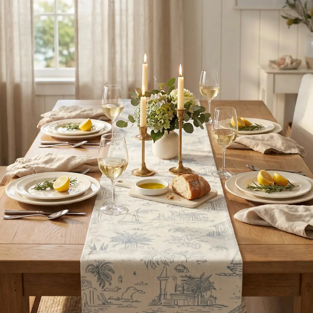 Coastal blue and white toile table runner on a dining table with white dinnerware