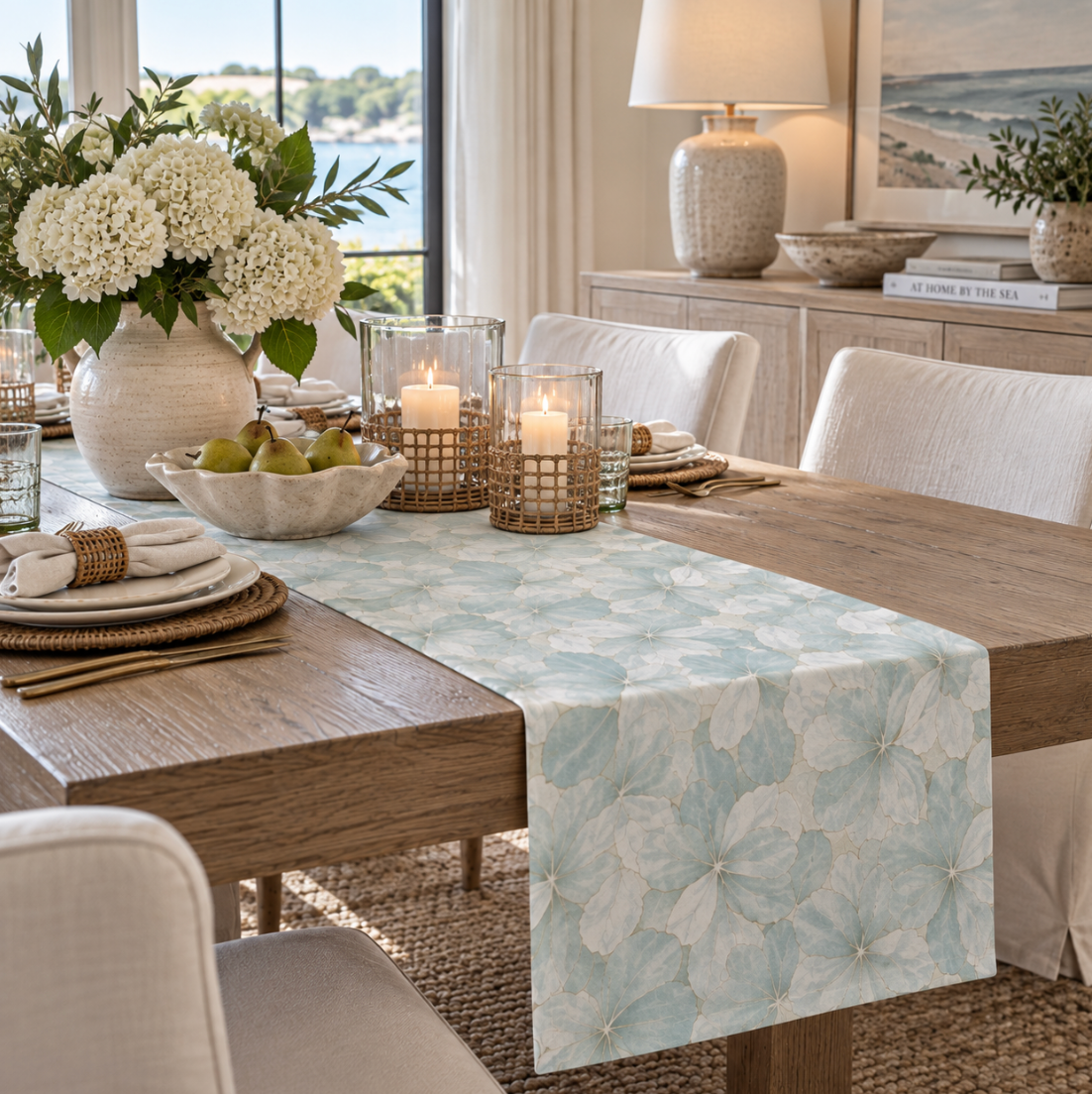 Coastal blue botanical dining runner with soft ivory flowers for a beach house tablescape