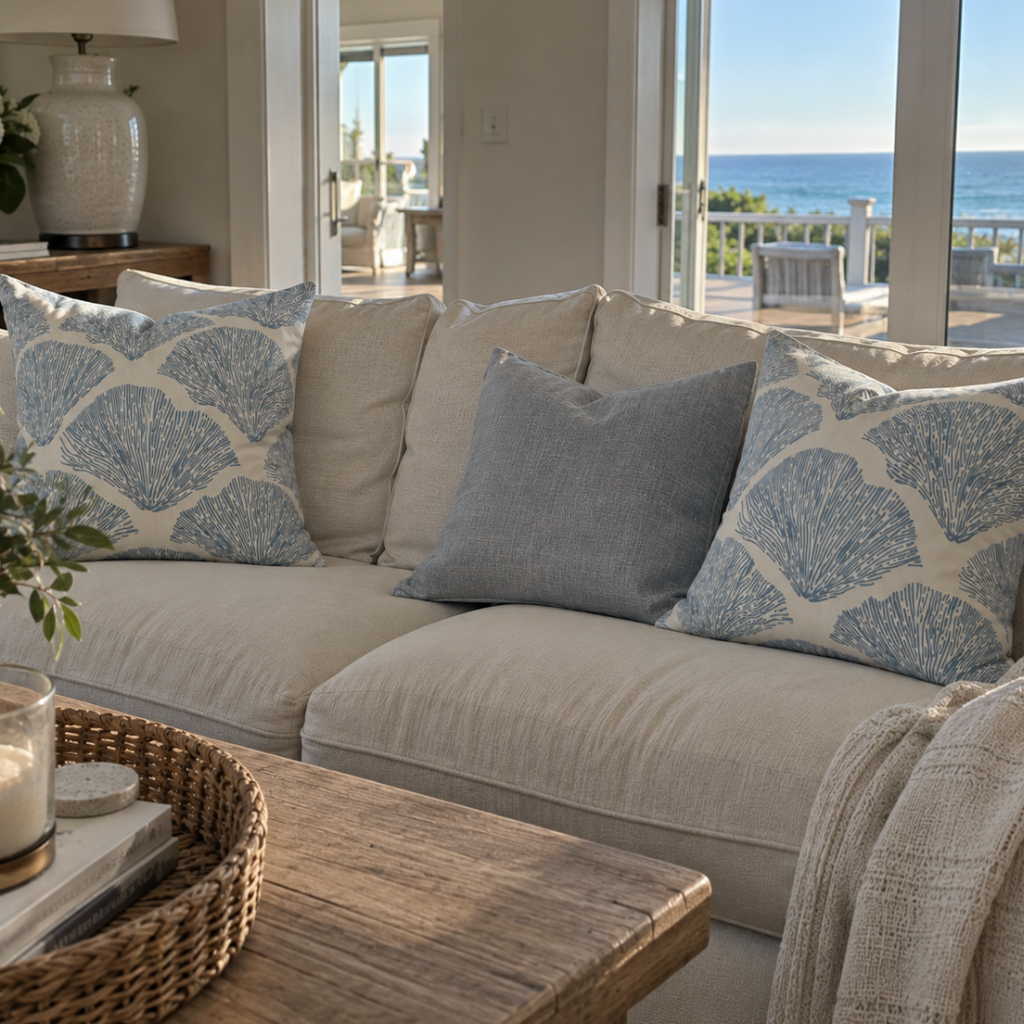 Coastal decorative pillow with a blue coral print for a beach-inspired living room.