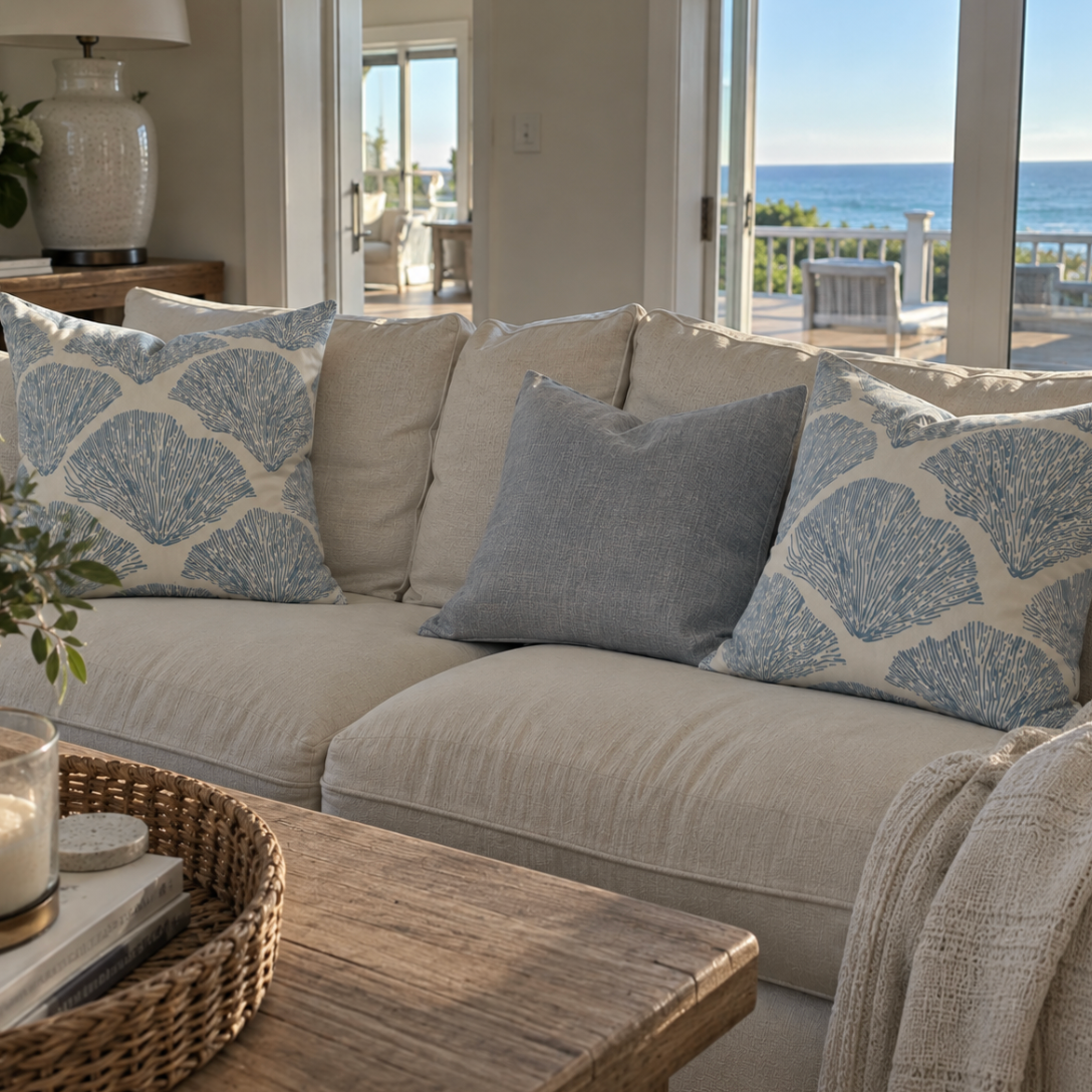 Coastal decorative pillow with a blue coral print for a beach-inspired living room.