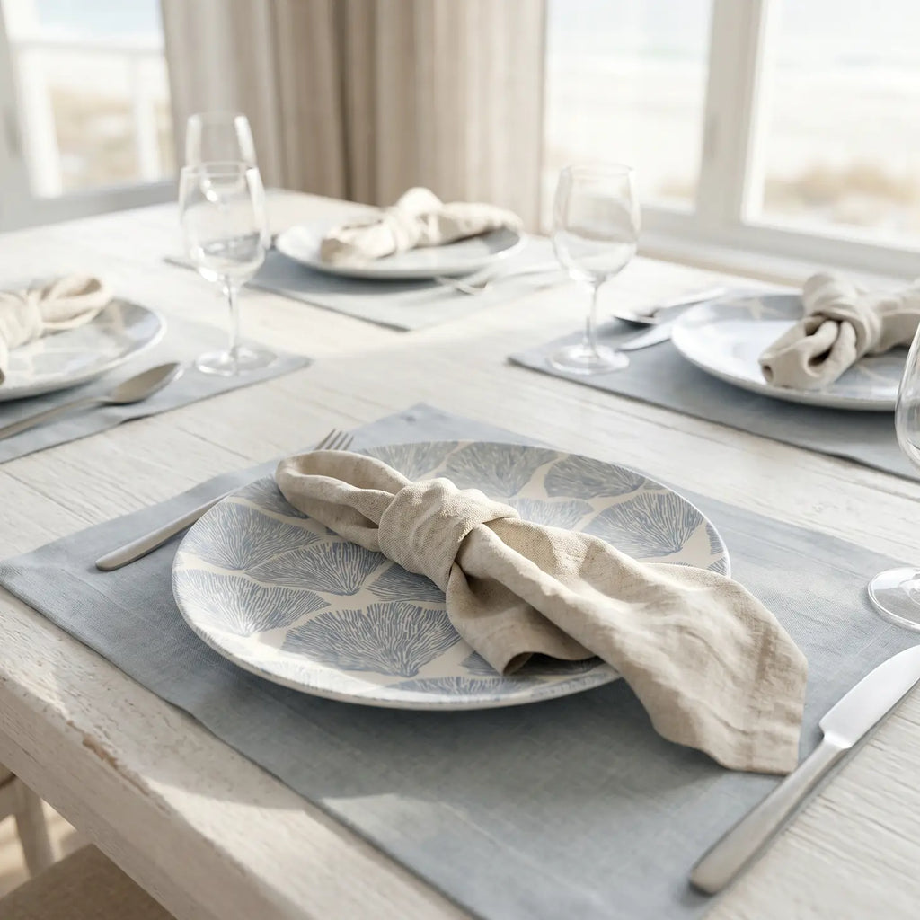 Blue coral dinner plates styled on a coastal table with neutral linens