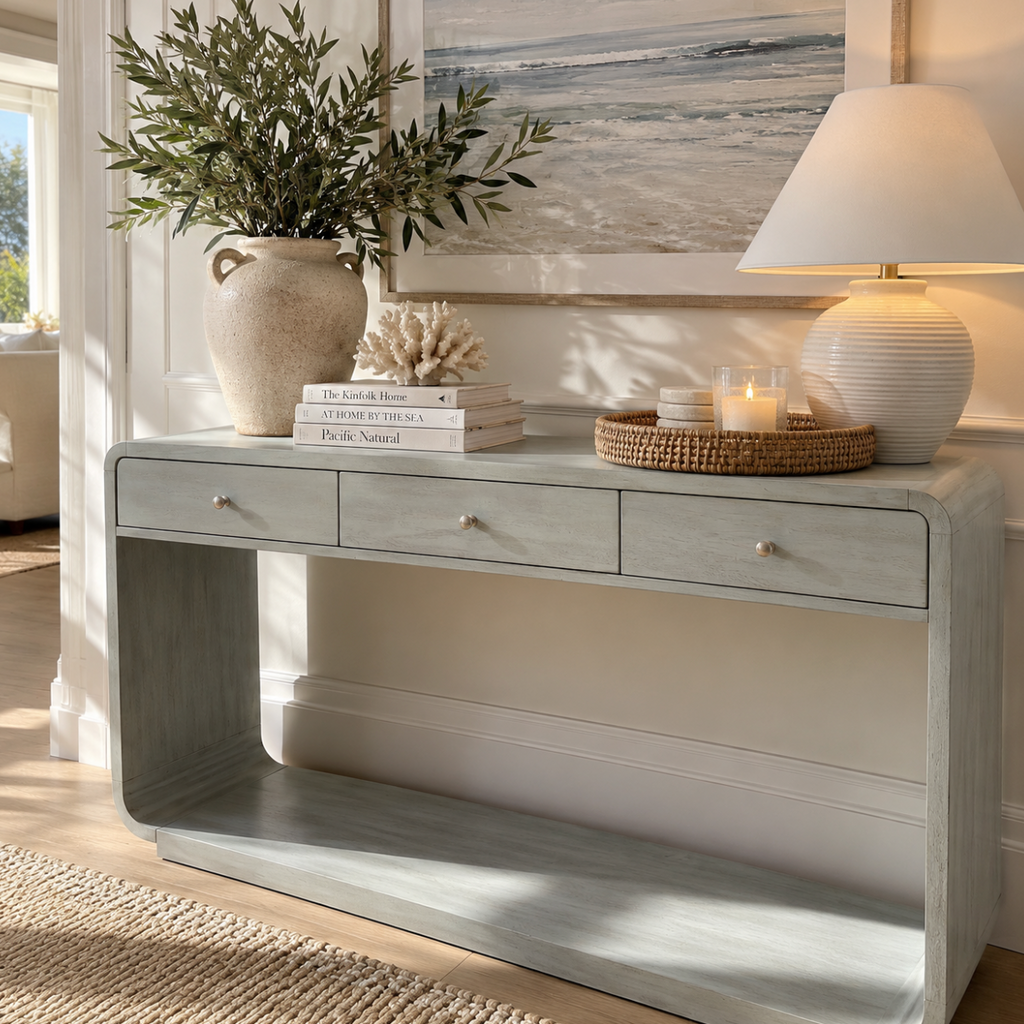 Three drawer coastal entryway console table with lower display shelf for hallway storage and decorative accents.