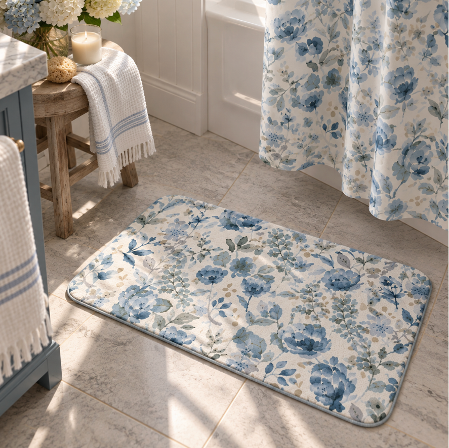 Coastal blue floral bath mat for an elegant bathroom