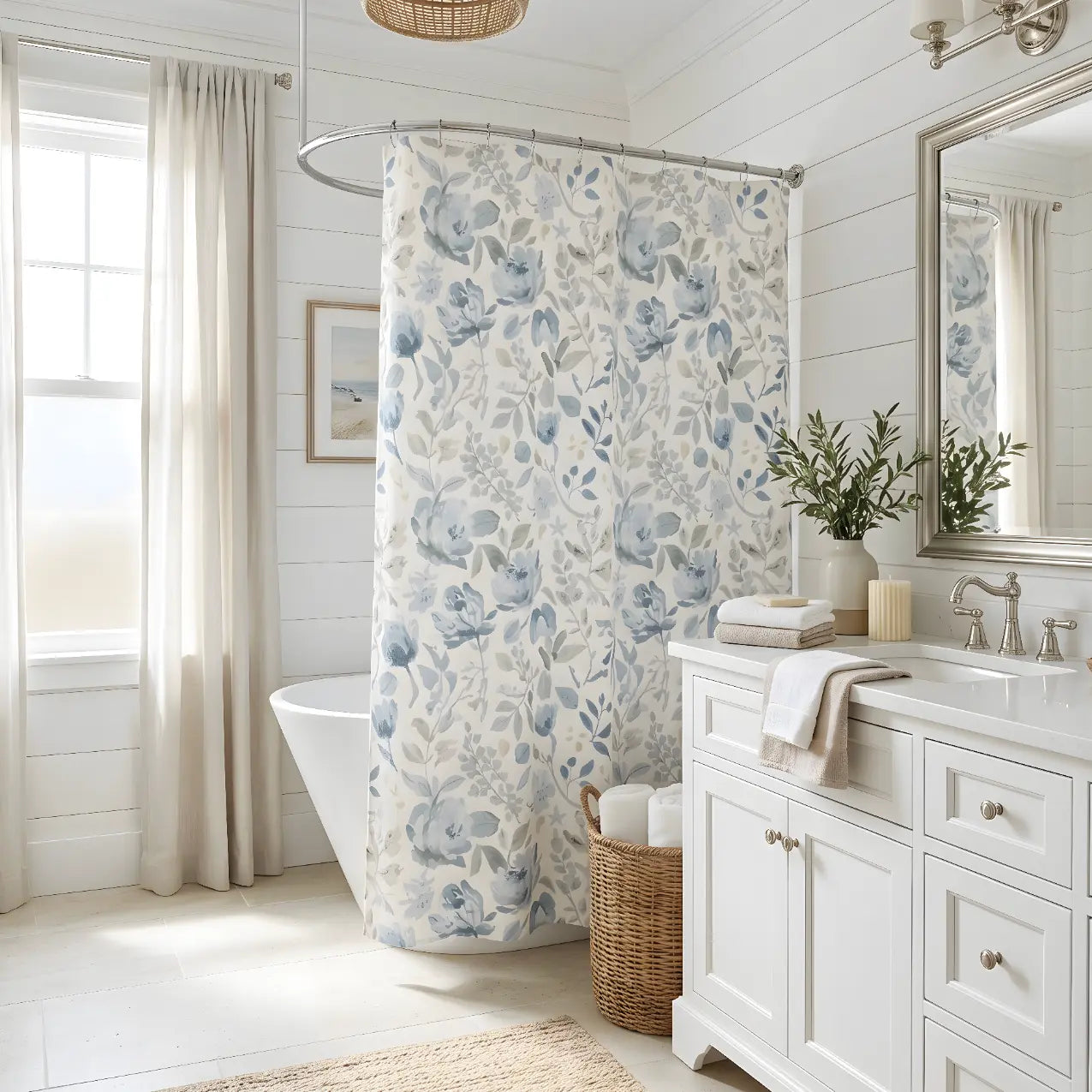 Blue floral shower curtain styled in a bright coastal bathroom