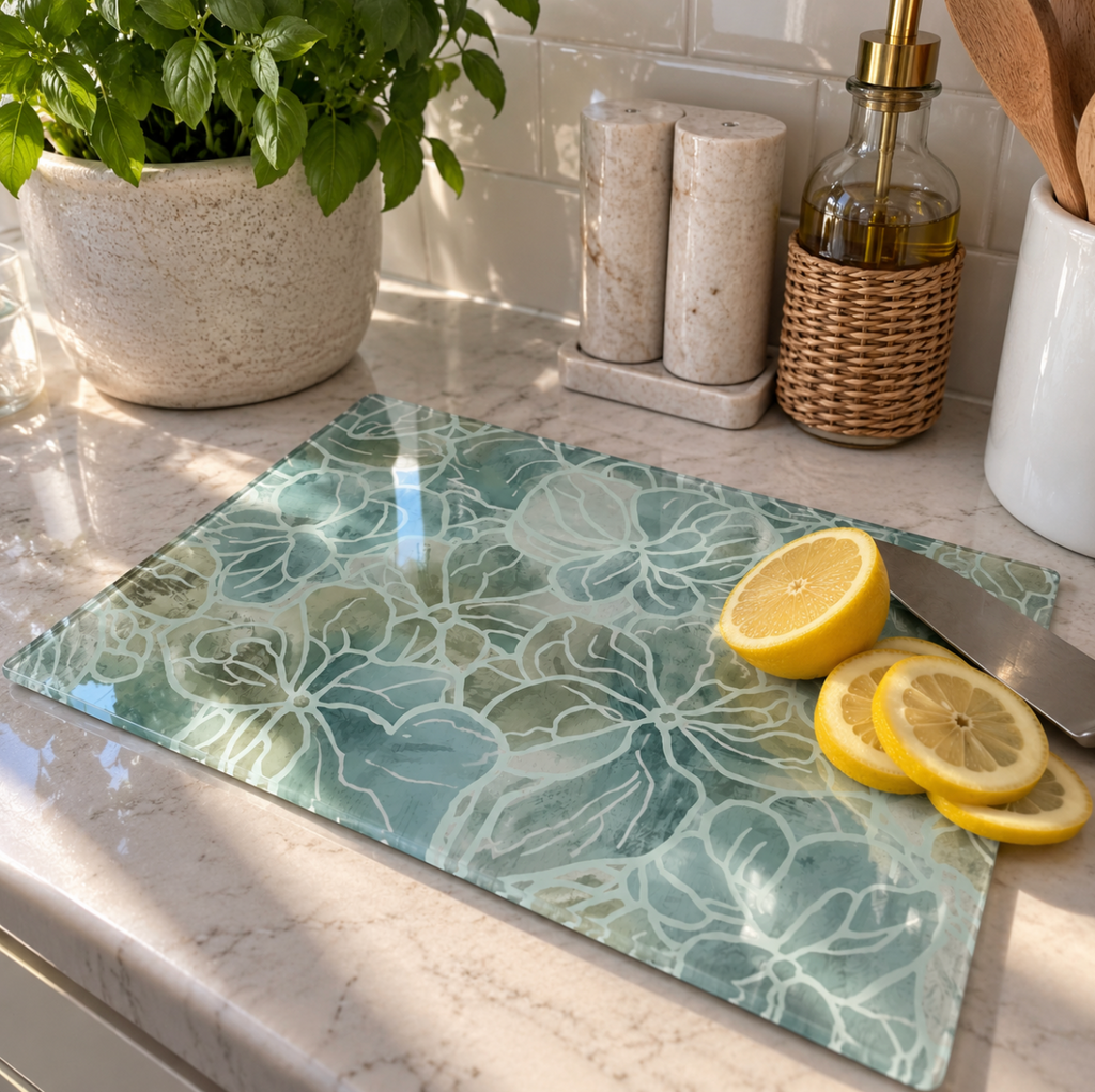Coastal blue glass serving board featuring a decorative botanical pattern.