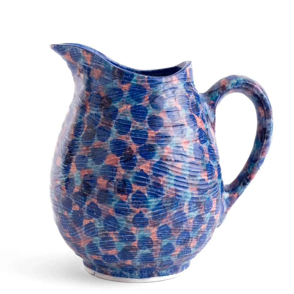 Coastal blue pitcher with handle, ceramic water jug for kitchen or dining table.