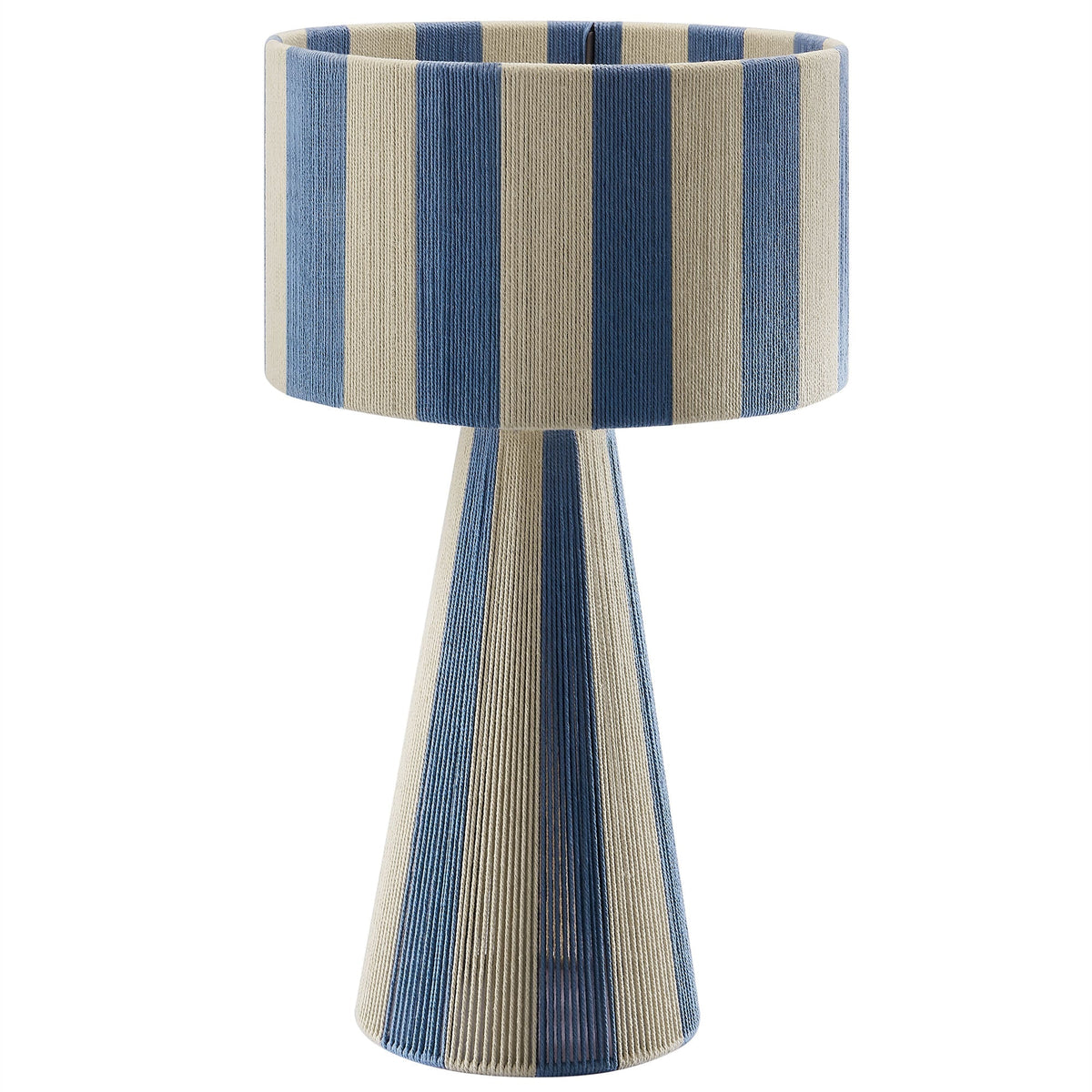 Coastal blue pleated accent lamp with soft neutral stripes and a tailored drum shade