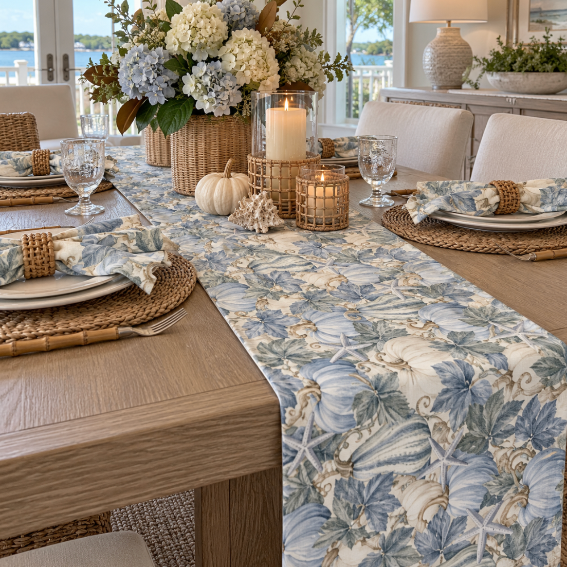 Coastal blue table runner featuring pumpkins, starfish, seashells, and leafy botanical details.