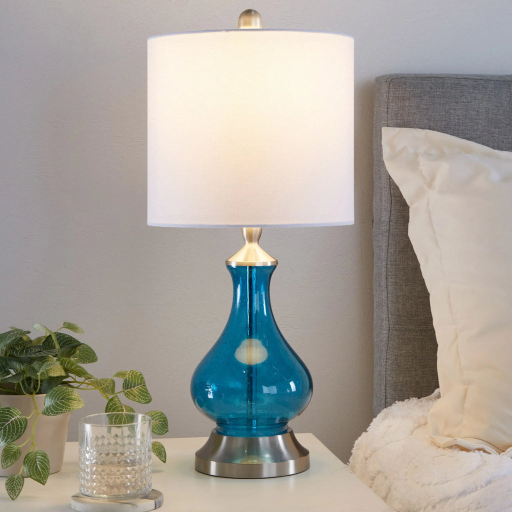 Coastal Blue Seeded Glass Drum Shade Table Lamp HouseOfZazla