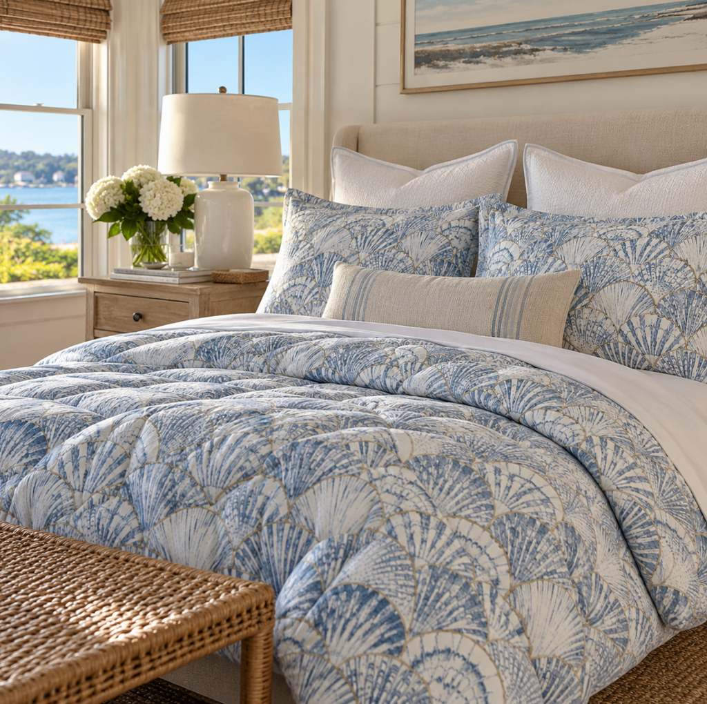 Coastal blue comforter with a delicate seashell pattern on a white background.