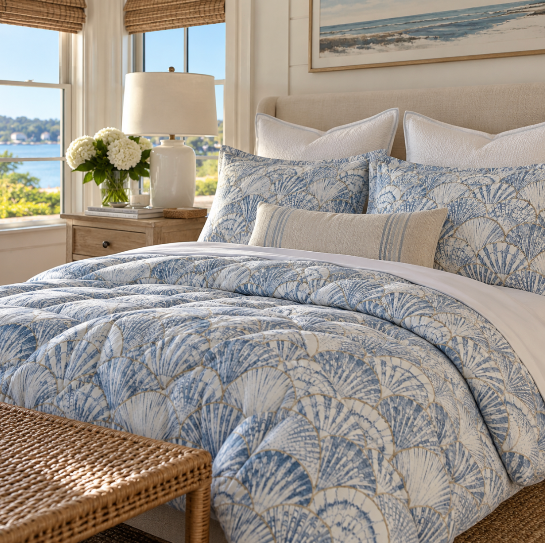 Coastal blue comforter with a delicate seashell pattern on a white background.