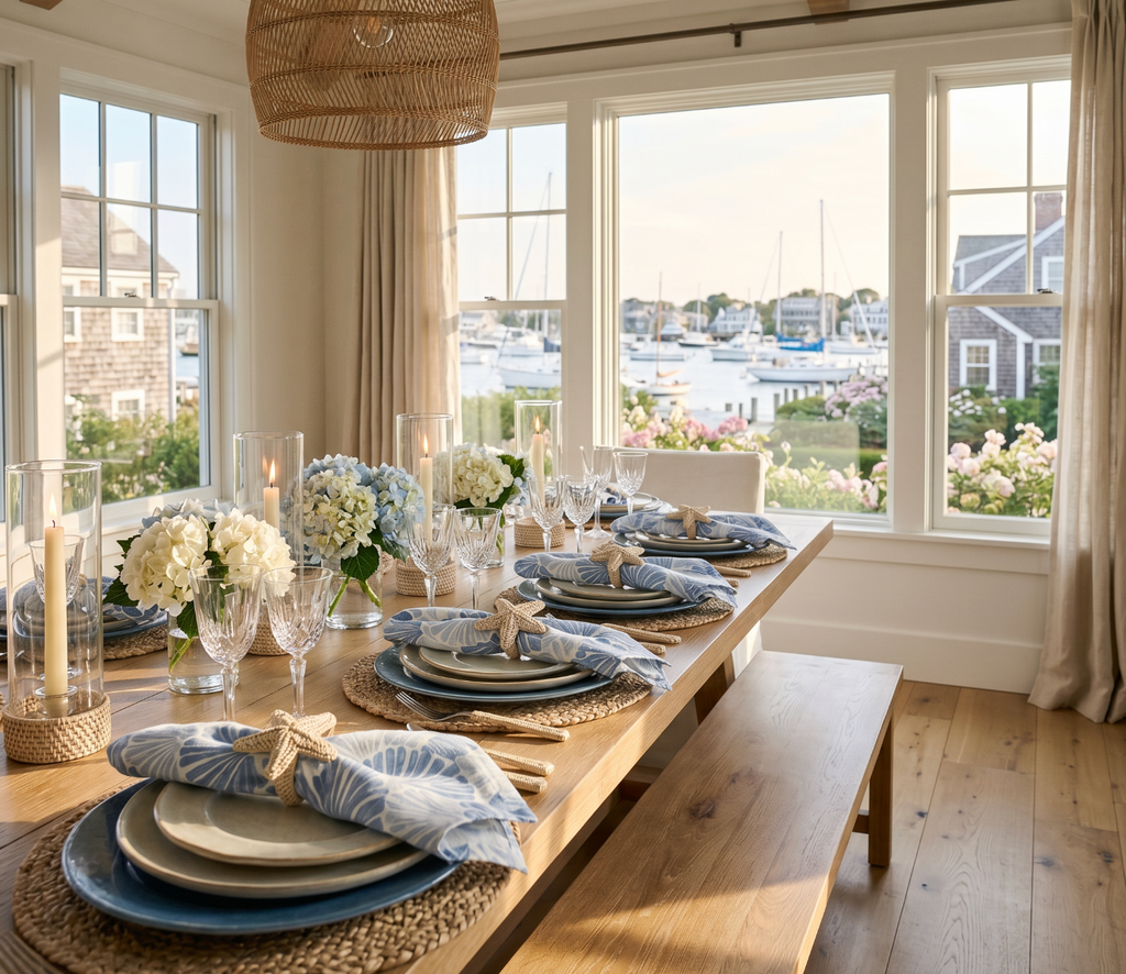 Coastal blue shell motif linen dinner napkins, set of four, stacked on a light stone tabletop.