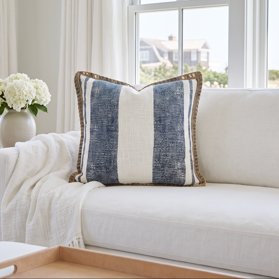 Coastal stripe cushion resting on a white sofa, adding tailored color and texture to the seat.
