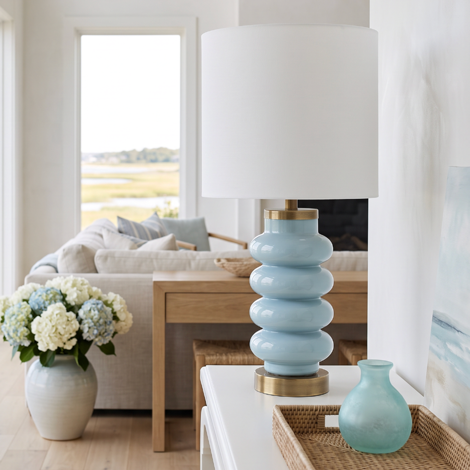 Coastal blue accent lamp with a sculptural bubble‑style ceramic base on a white console table.