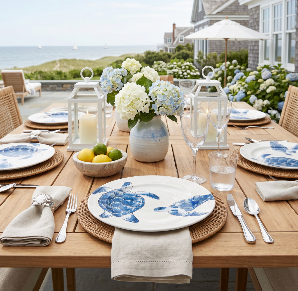 Coastal tableware with blue turtle designs for outdoor dining and beach house use.