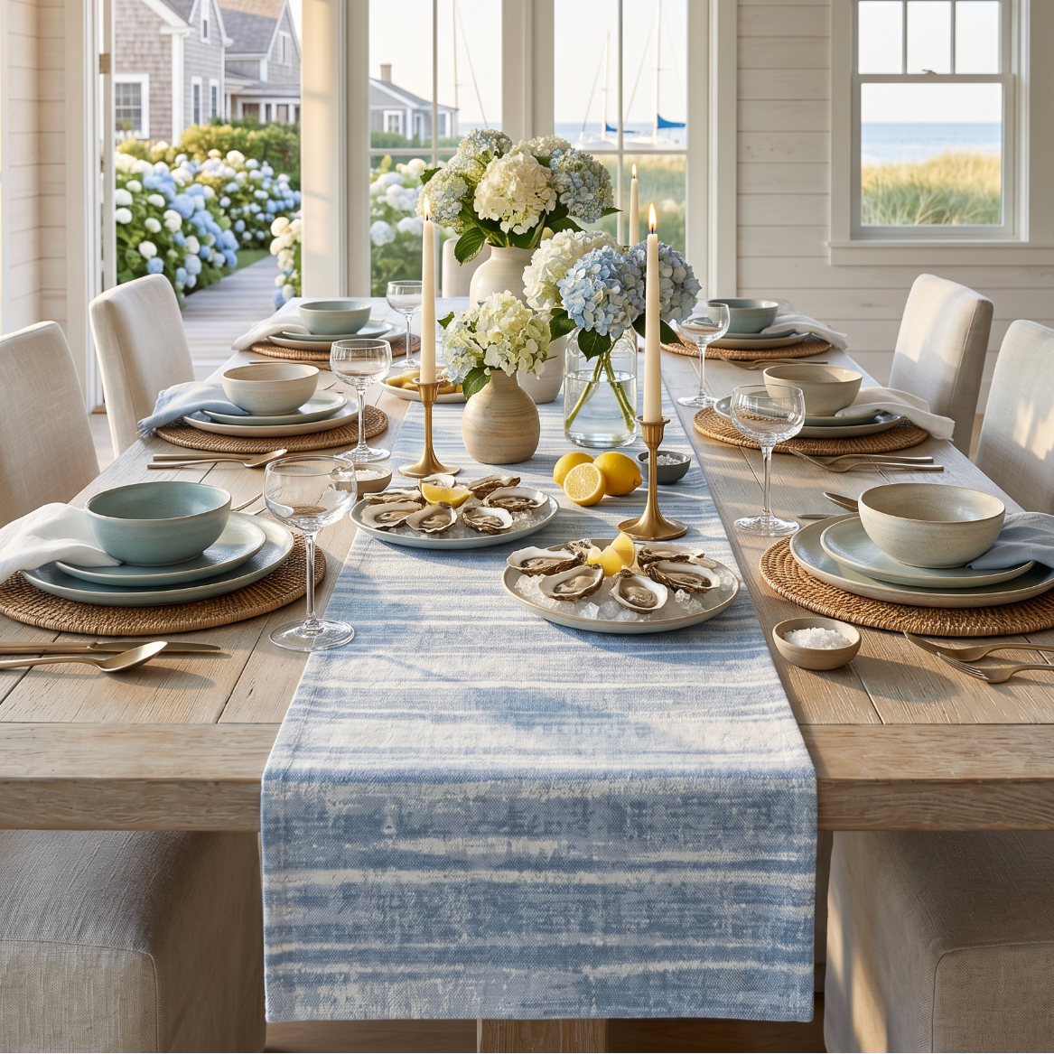 Coastal blue washed stripe table runner on a natural wood dining table with neutral place settings