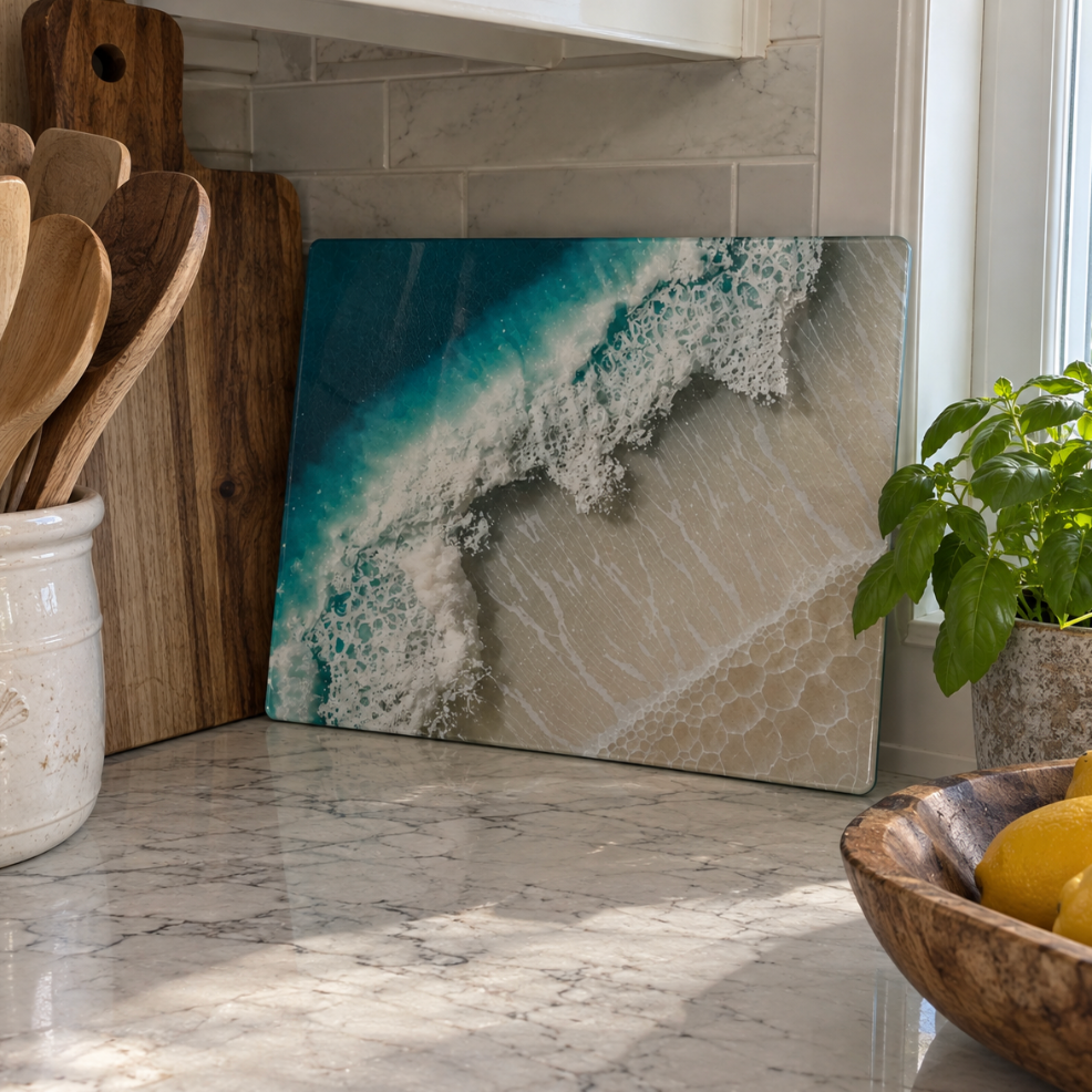 Coastal blue wave glass serving tray for entertaining