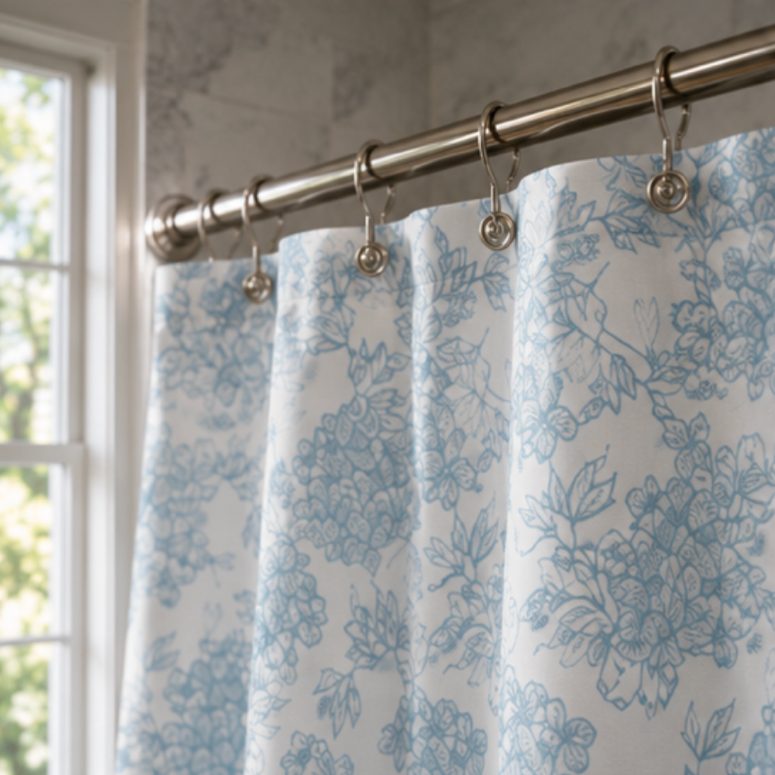 Coastal blue and white hydrangea floral shower curtain for a beach house bathroom