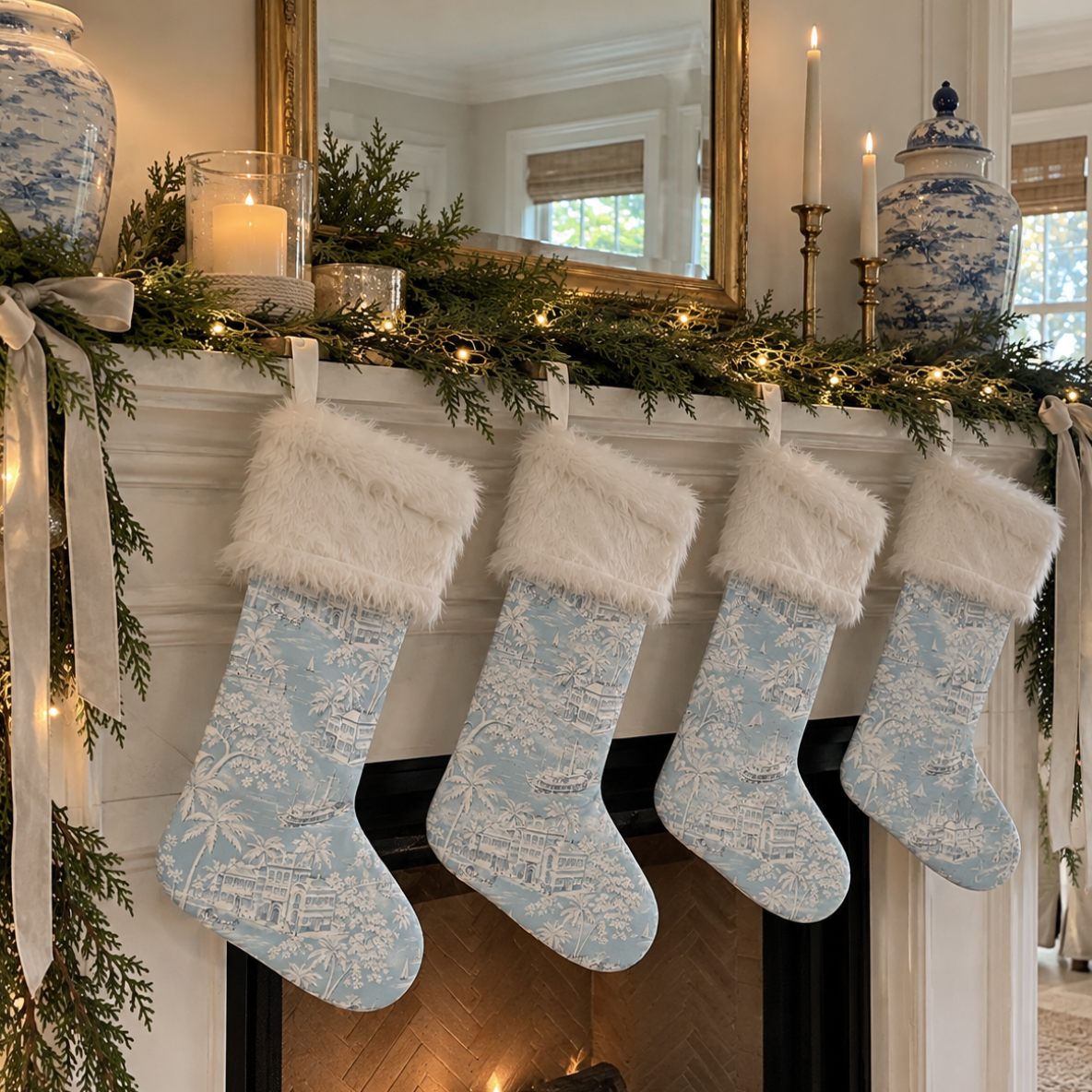 Coastal blue and white toile Christmas stocking with a plush white cuff for elegant holiday decorating.