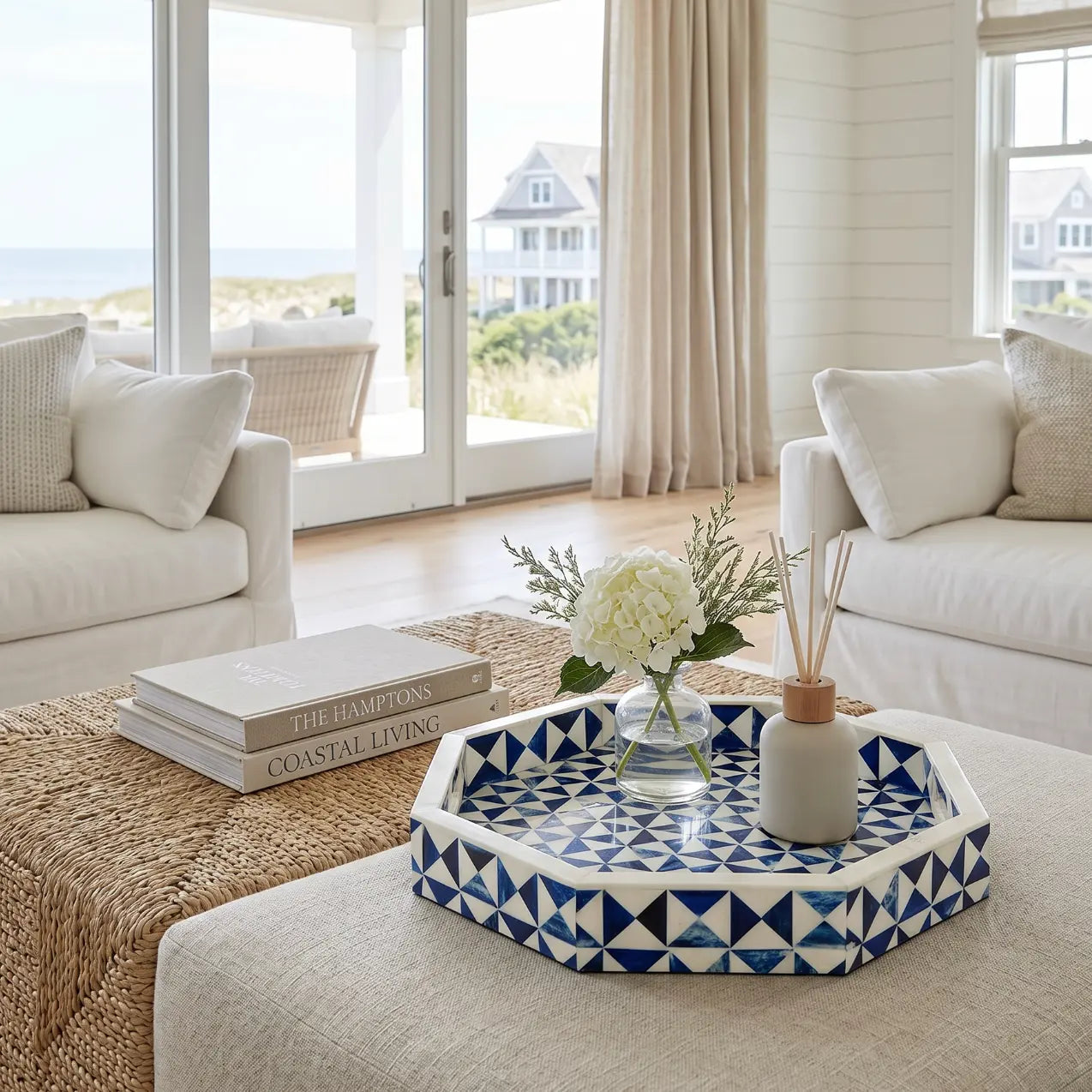 white and blue bone inlay tray with octagon pattern on coffee table