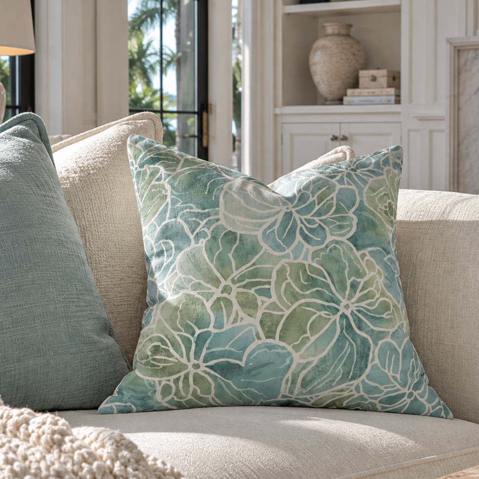Coastal botanical pillow featuring a lovely blue and green floral design.