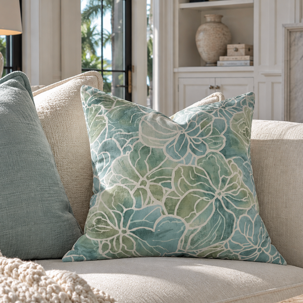 Coastal botanical pillow featuring a lovely blue and green floral design.