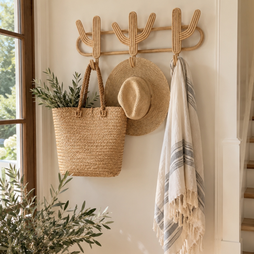 Handmade cactus-shaped rattan wall hook featuring a natural woven finish and multiple hanging points.