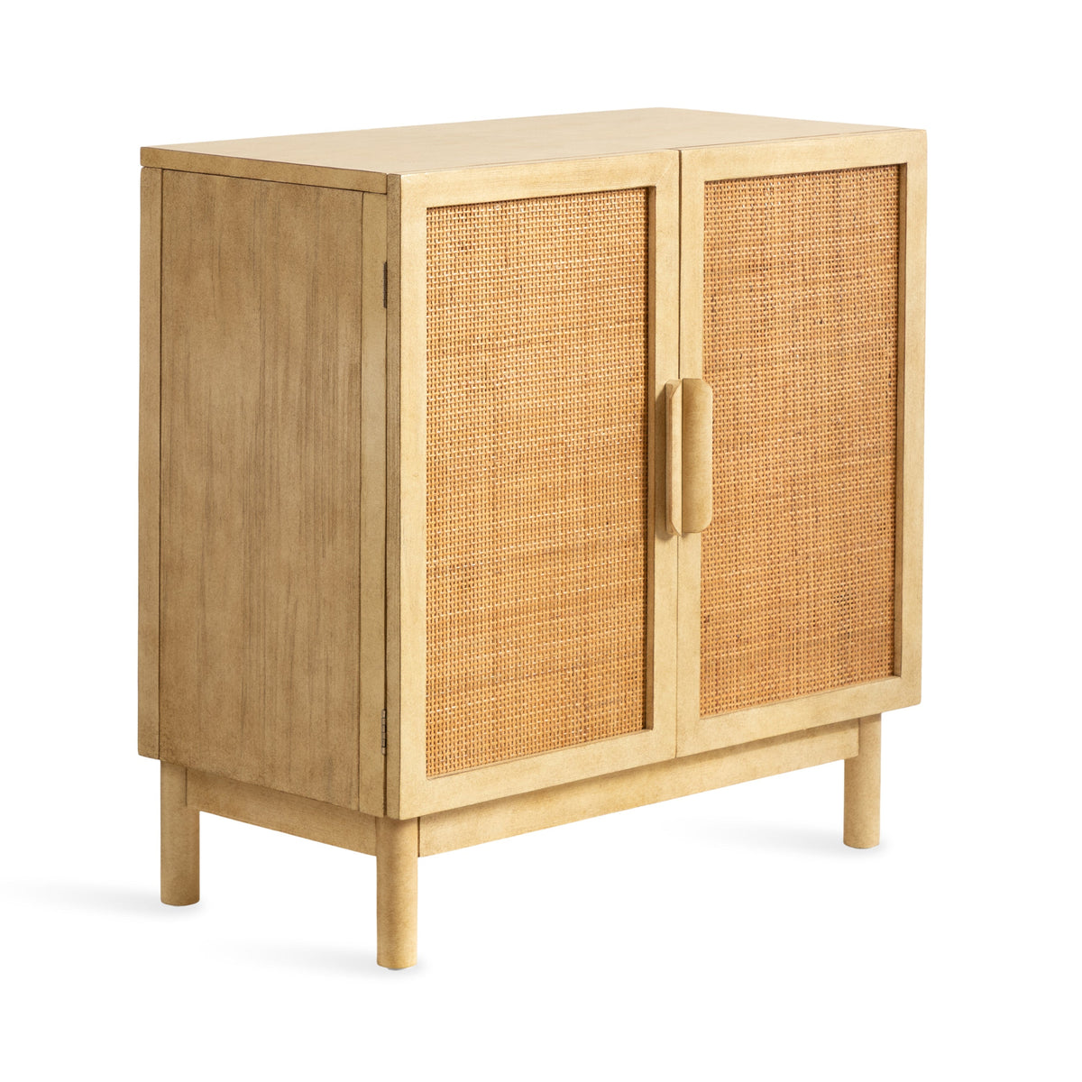 Coastal cane door accent cabinet with woven natural panels and a light wood frame