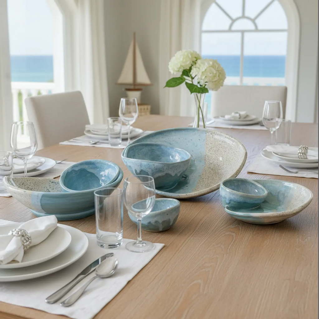 Handmade coastal swirly serving bowls in blue marbled glaze on a sunlit dining table with a sea view.