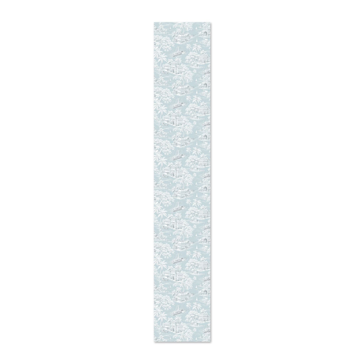 Light blue coastal chinoiserie-inspired wallpaper featuring intricate architectural and botanical illustrations.