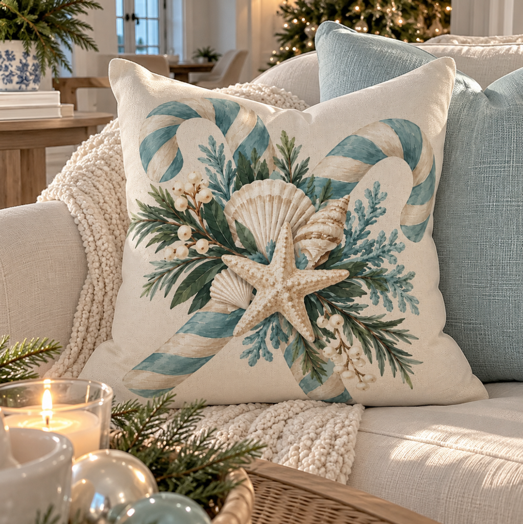 Coastal Christmas throw pillow with blue and cream striped candy canes, a white starfish, seashells, and sage green greenery on an ivory background
