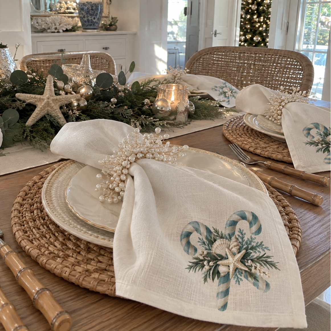 Coastal Christmas cloth napkins featuring blue-green candy canes, seashells, starfish, and evergreen foliage on an ivory background.