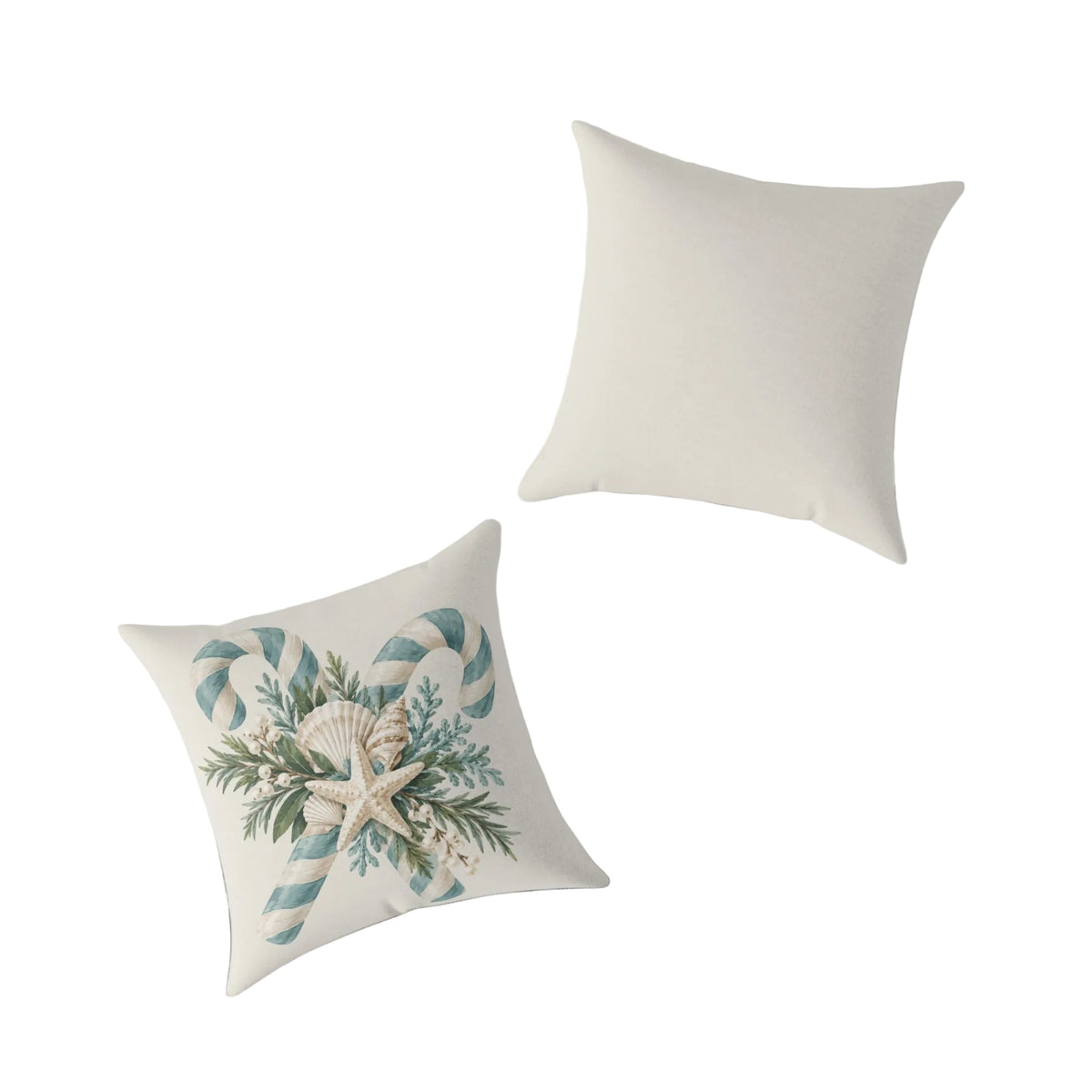 Close-up of the starfish, scallop shell, and pearl berry detail on a coastal candy cane holiday throw pillow