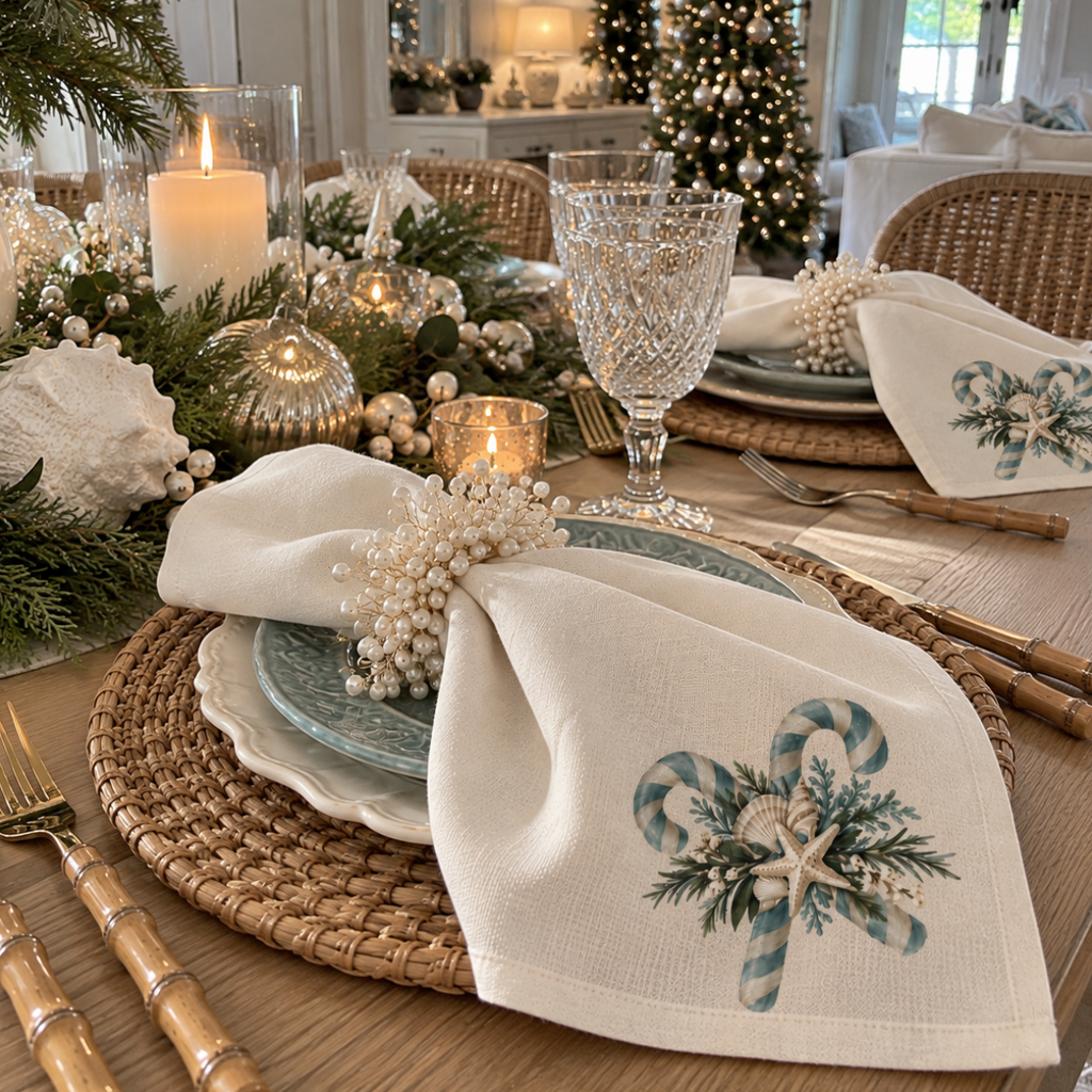 Coastal Christmas table setting with decorative holiday cloth napkins, woven rattan placemats, ivory dinnerware, and natural greenery.