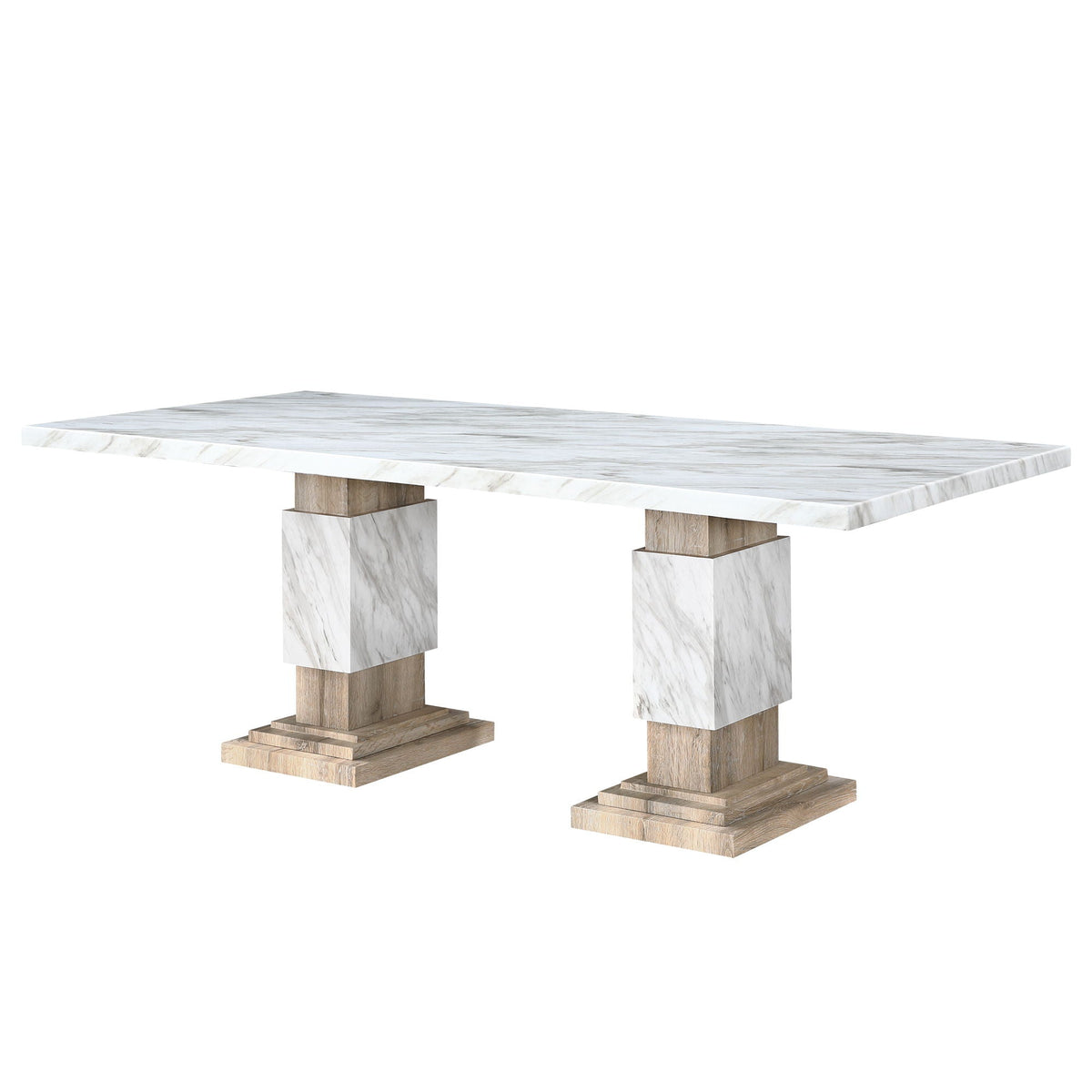 Coastal classic white marble dining table with a refined rectangular silhouette and warm wood accents