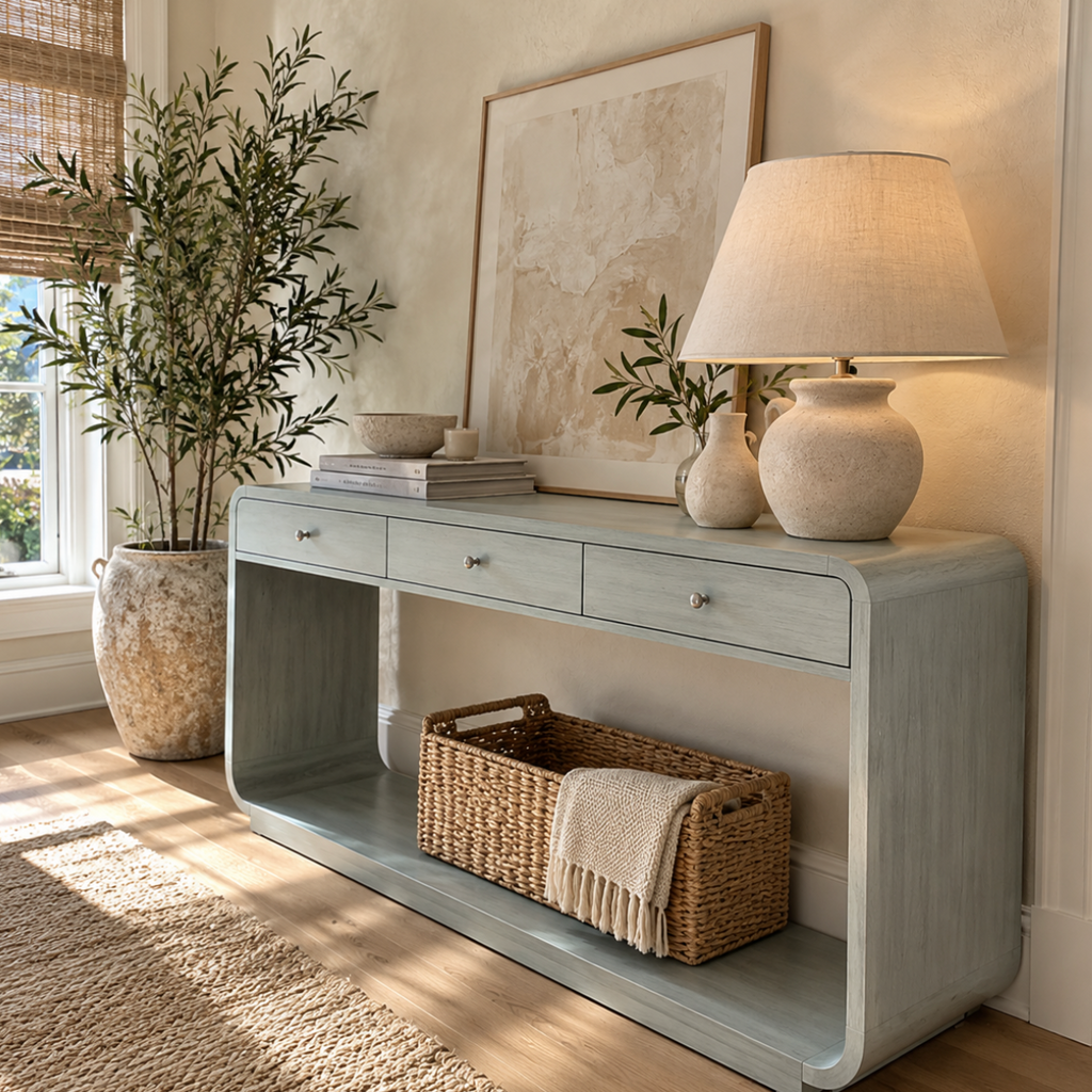 Coastal console table decorated with ceramic accessories, a table lamp, greenery, and neutral design books.