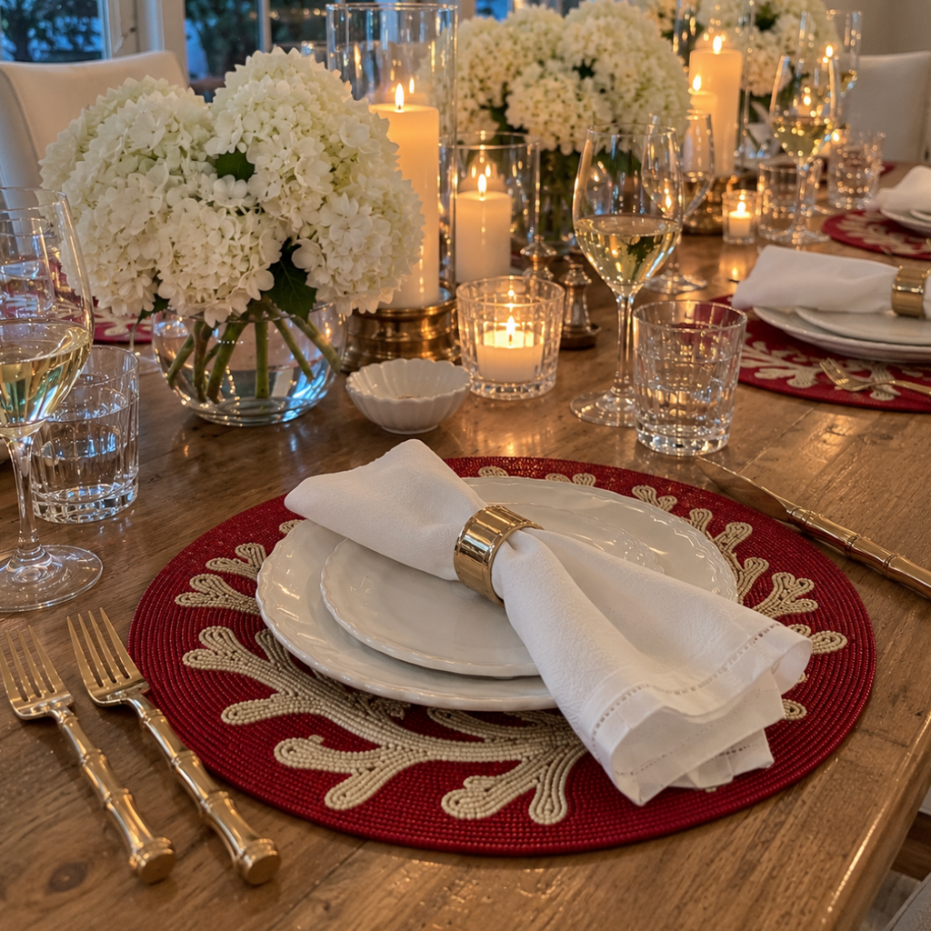 Coastal beaded placemat featuring a decorative red coral design.