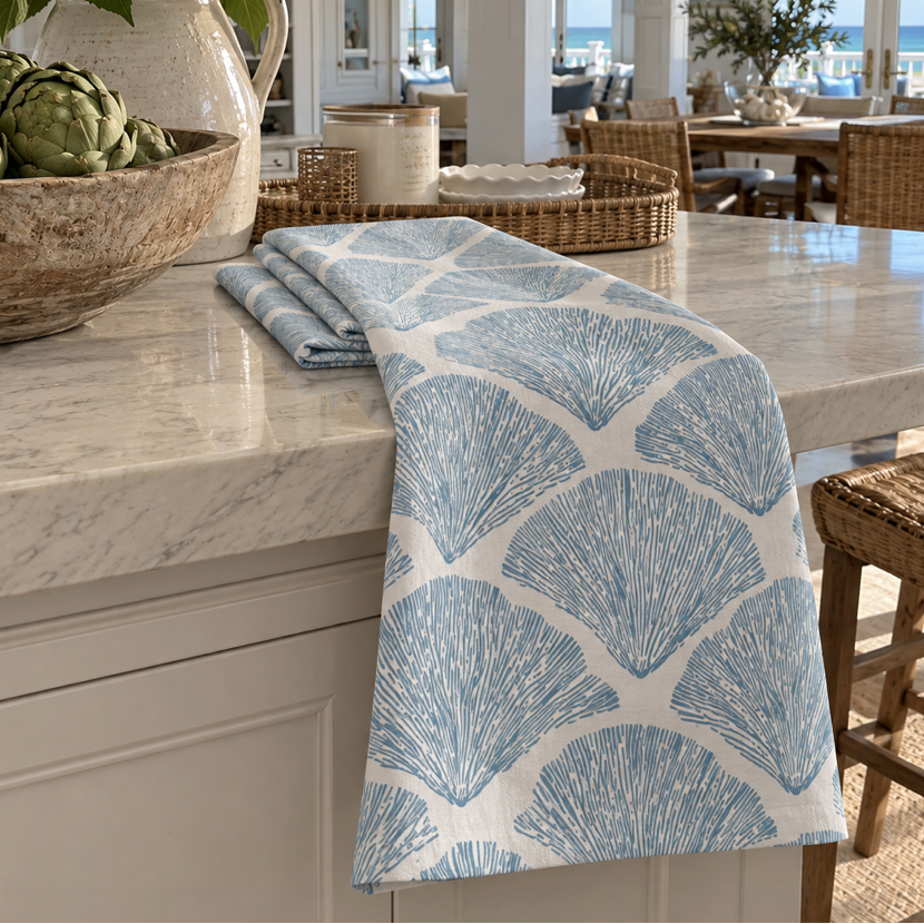 Coastal light blue coral dish towel for an ocean-inspired kitchen