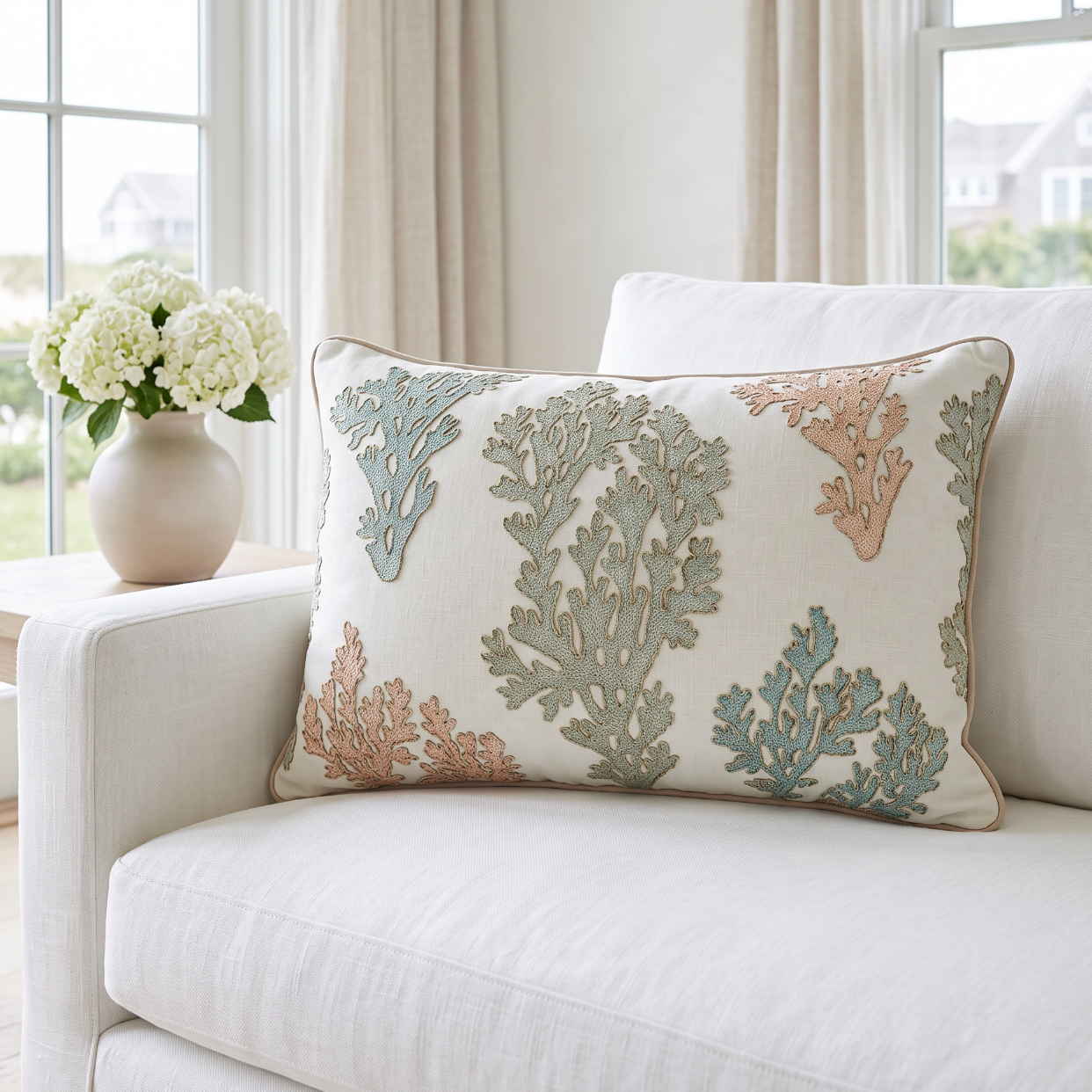 Coastal coral motif lumbar cushion featuring multi‑colored reef shapes on a light background.
