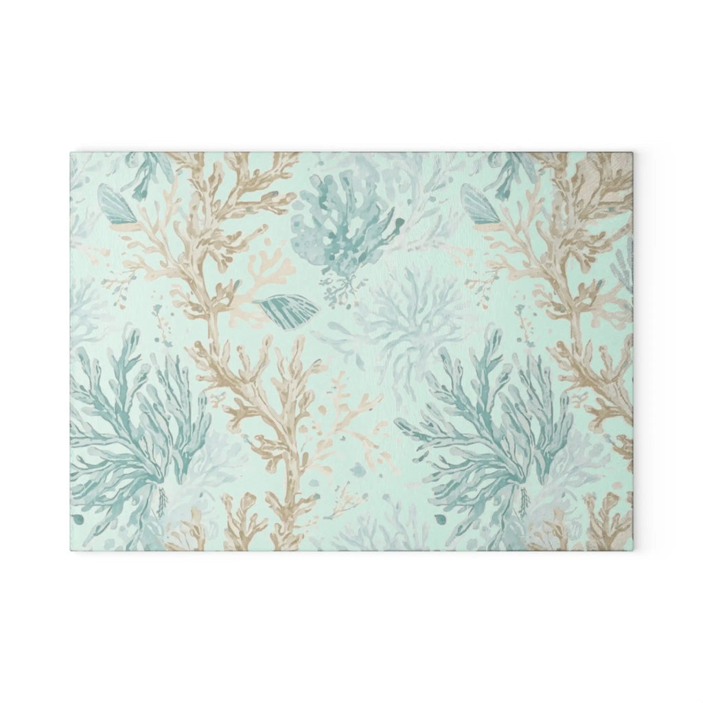 Coral Cove Cutting Board: aqua and beige coral reef pattern on tempered glass.
