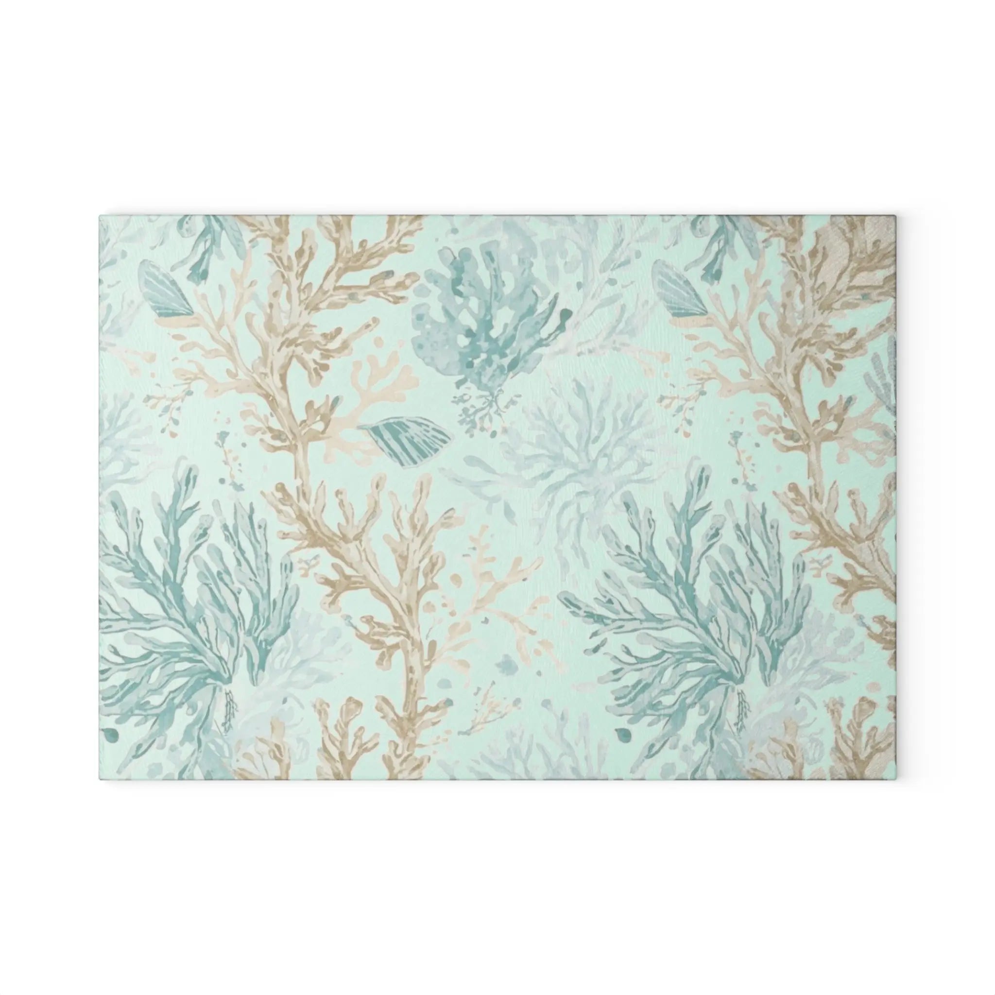 Coral Cove Cutting Board: aqua and beige coral reef pattern on tempered glass.