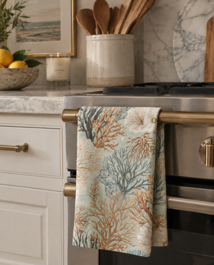 aqua coral reef print kitchen towel draped over an oven handle
