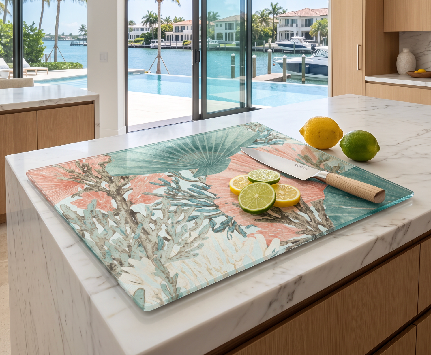 Coastal glass cutting board with a coral and palm pattern styled on a beach house kitchen island overlooking the water.