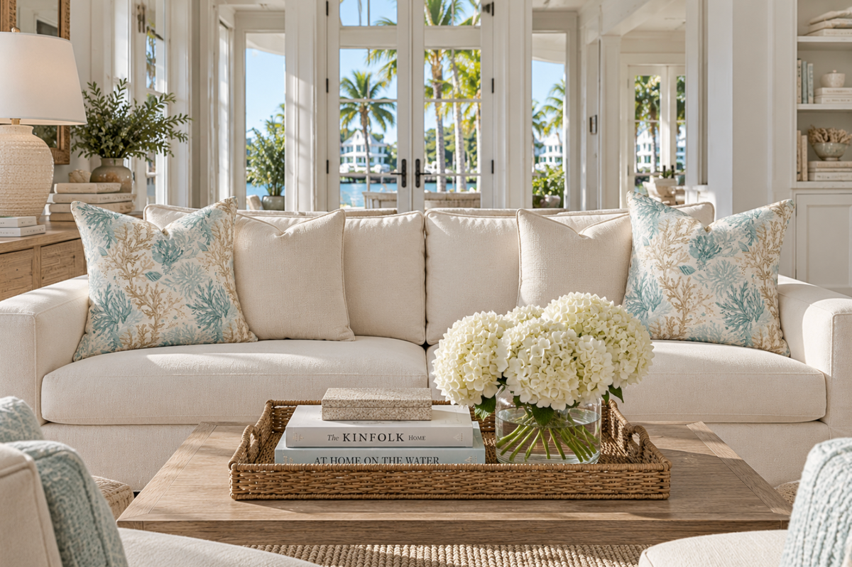 Coastal accent pillow with an aqua and tan coral design on a neutral sofa.
