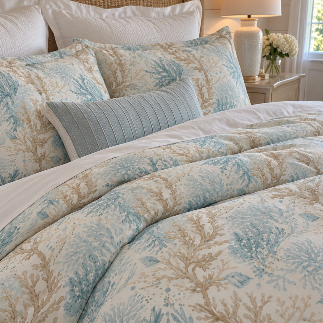 Coastal comforter with a delicate blue and beige coral design.