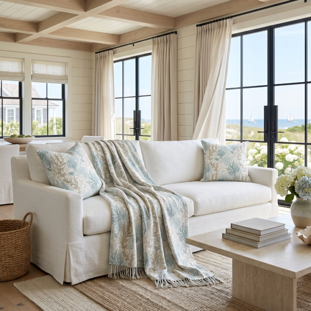 Coastal woven blanket featuring an allover coral branch pattern in muted aqua and sandy neutral tones.