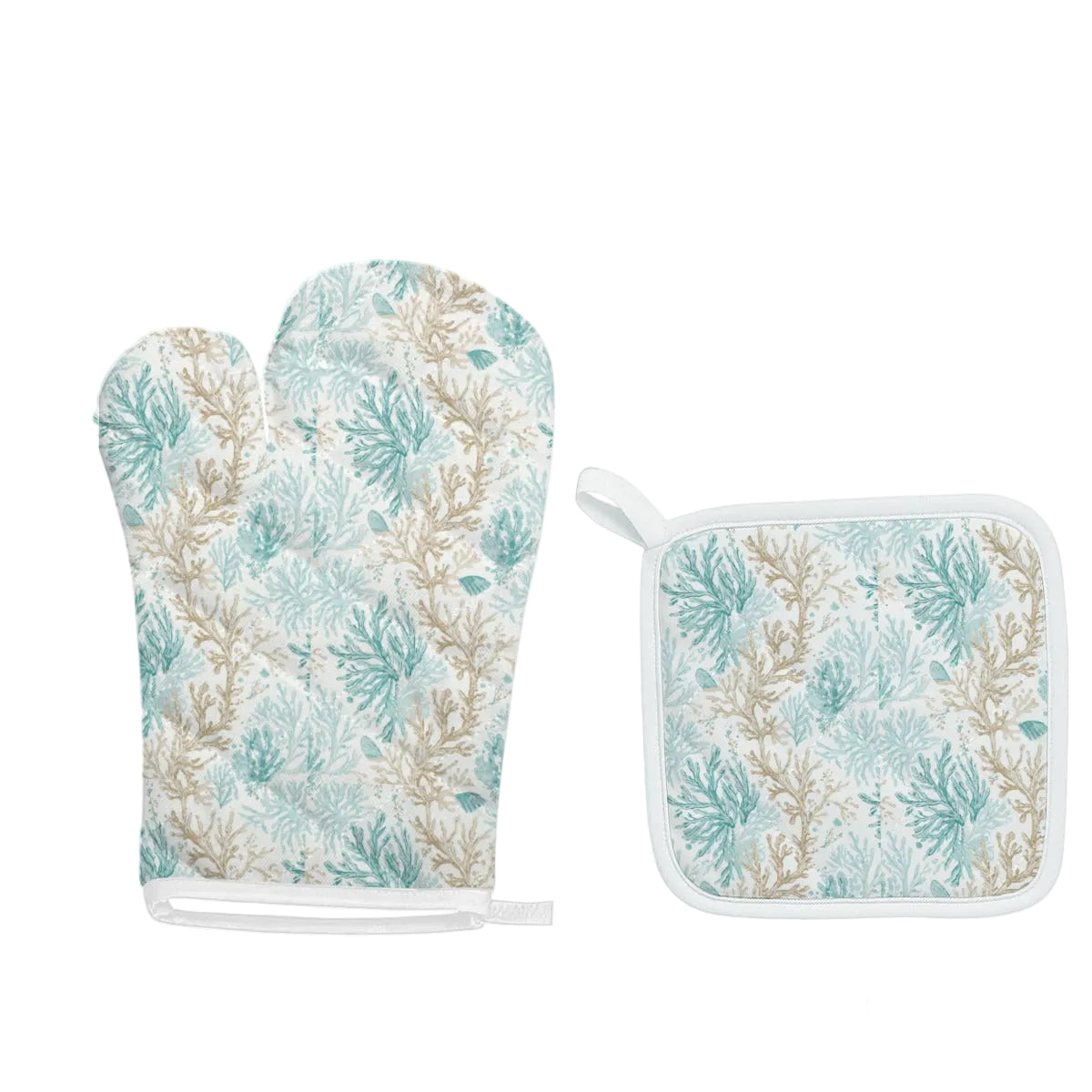 Coastal coral print oven mitt and matching square pot holder set in teal, seafoam, and tan tones with white trim