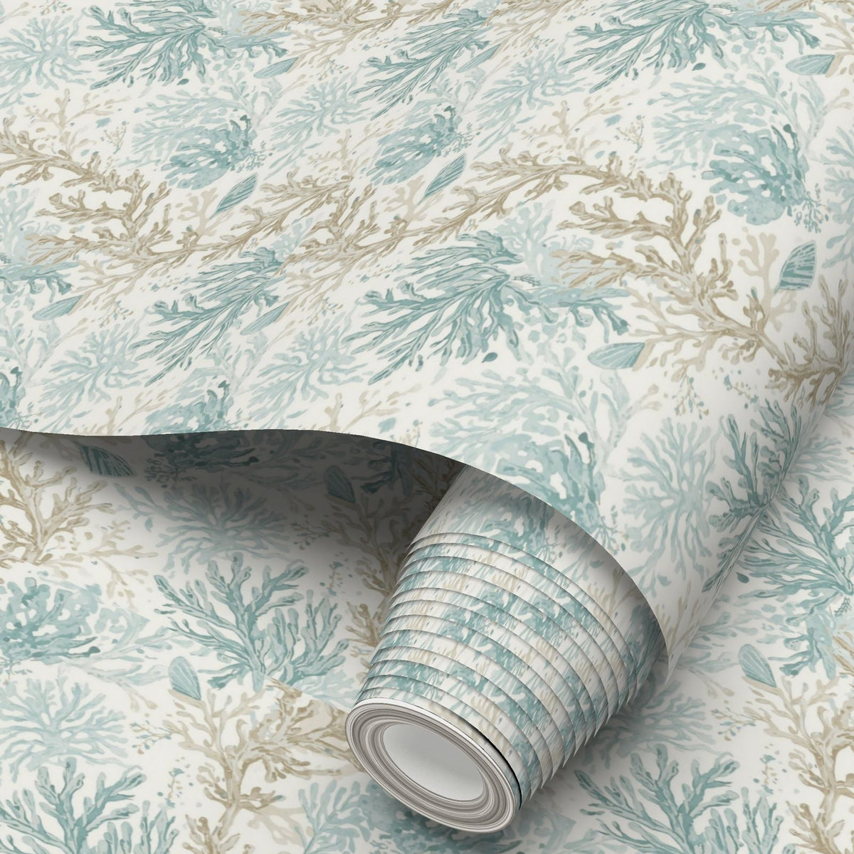 Aqua and beige coral wallpaper for a soft, sophisticated coastal interior.